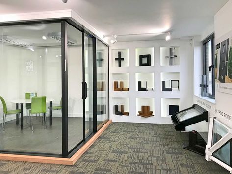 Grabex Windows - Orpington Showroom  #homeimprovement #windows #doors #MadeInKent Design Center Showroom, Modern Partition Walls, Custom Shower Doors, Window Brands, Glass Door Design, Small Apartment Building, Showroom Decor, Aluminium Windows And Doors, Bathroom Showrooms