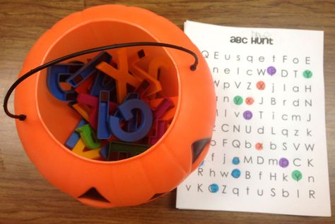 Pumpkin ABC's: children pull a letter from the pumpkin and mark it off their recording sheet. I'd have them write it instead. October School, Halloween Kindergarten, Fall Kindergarten, Kindergarten Ela, Abc Activities, Halloween Preschool, Kindergarten Fun, Kindergarten Centers, Preschool Literacy