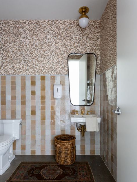 Zellige tile, marble, unlacquered brass, wallpaper, + vintage rug Windowless Bathroom, Studio Bathroom, Vibrant Wallpaper, Striped Tile, Zellige Tiles, Zellige Tile, Interior Design Studio, Luxury Interior Design, Of Wallpaper