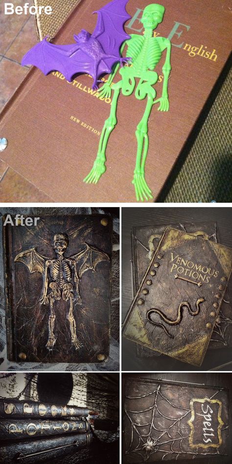 DIY Spell and Potion Book Tutorial from Better After. This is a really good tutorial using plastic toys, a glue gun, cardstock, paper towels etc… This DIY is based on a tutorial by SEEING THINGS - my... Potion Book, Strašidelný Halloween, Potions Book, Book Tutorial, Halloween Decor Diy, Anniversaire Harry Potter, Theme Harry Potter, Halloween Prop, Halloween Tags