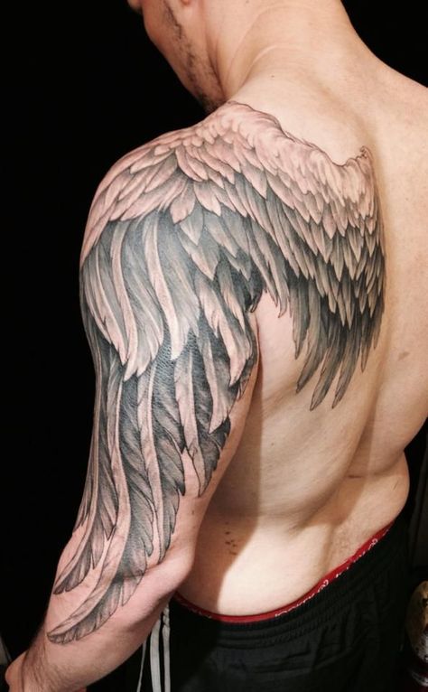 detailed back and arm wing tattoo for men Angel Wing Tattoo, Wing Tattoos On Back, Alas Tattoo, Wing Tattoo Men, Believe Tattoos, Sanskrit Tattoo, Tattoo Dotwork, Cool Arm Tattoos, Angel Wings Tattoo