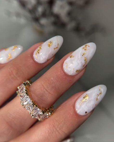 Gold And White Nail Designs, Gold Holiday Nails, Classic French Tip, Foil Nail Designs, Gold Accent Nail, White Nails With Gold, Wedding Day Nails, New Years Eve Nails, Golden Nails