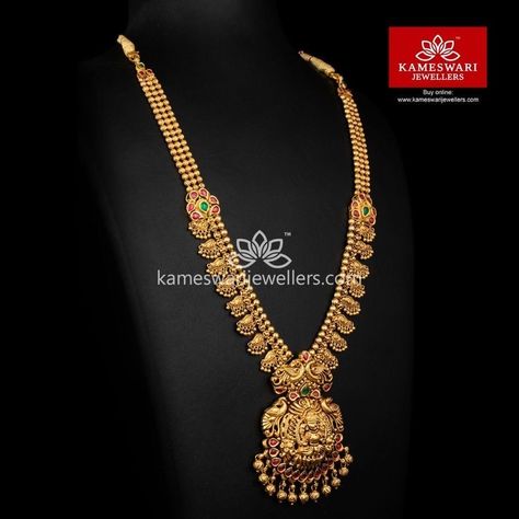 Mini Haram, Kundan Haram, Kameswari Jewellers, Gold Haram, Haram Designs, Gold Temple Jewellery, Long Haram, Gold Jewels Design, Gold Jewelry Outfits