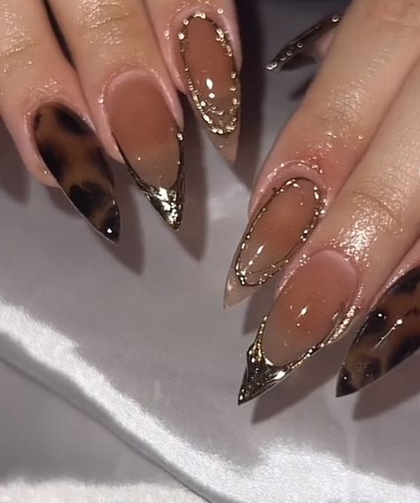 Brown And Leopard Nails, Nail Art Designs Leopard, Leopard Print Almond Nails, Rings Coquette, Leopard French Nails, Tiger Print Nails, Gold Leopard Nails, Nail Art Leopard, 2025 Nails