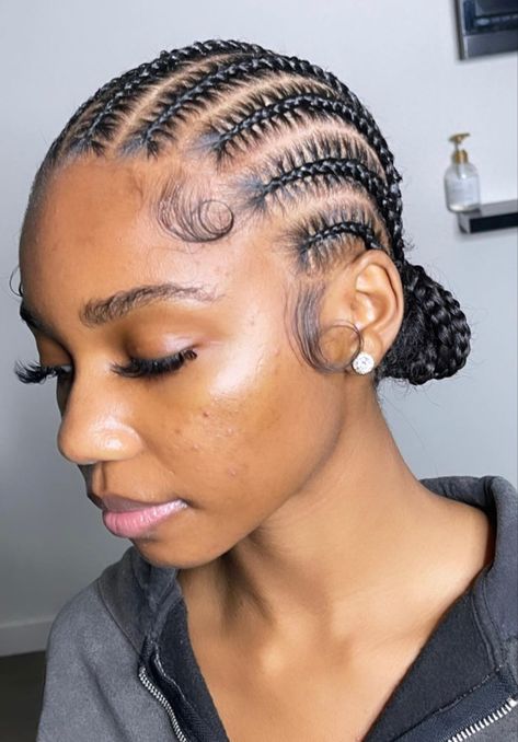 Small Braided Bun For Black Women, 8 Cornrows Braids Natural Hair, Cornrows Black Women, Cornrow Short Hairstyles, Braid To Scalp Hairstyles, Cornrow Hairstyles No Extensions, Cornrows Into A Bun For Black Women, 12 Cornrows Braids, Simple Elegant Natural Hairstyles