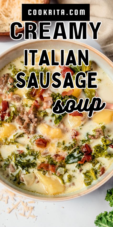 creamy soup bowl with potatoes, sausage and kale. Creamy Sausage And Kale Soup, Soup Recipes Using Italian Sausage, Sausage And Broccoli Soup, Tuscany Italian Sausage Soup, Tuscan Sausage And Kale Soup, Olive Garden Sausage And Kale Soup, Tuscan Italian Sausage Soup, Tuscan Soup With Sausage, Ground Italian Sausage Soup