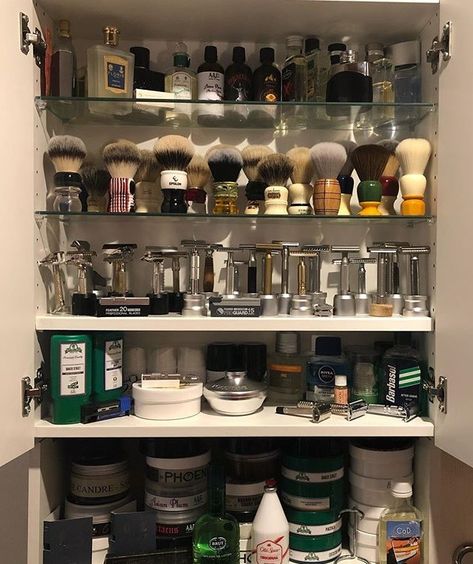 Shaving Den Cabinet Display | Agent Shave Den Cabinet, Shaving Aesthetic, Soap Organization, Safety Razor Shaving, Cologne Collection, Shaving Supplies, Vintage Shaving, Wet Shave, Barbershop Design