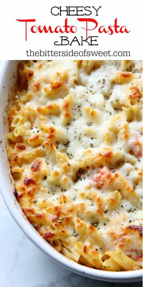 This Cheesy Tomato Pasta Bake is an irresistible casserole the whole family will nosh! It's vegetarian-friendly, and oh so good. Look at that bubbly cheese. | The Bitter Side of Sweet Leftover Pasta Bake, Cheesy Tomato Pasta, Casserole Meals, Tomato Pasta Bake, Cheesy Pasta Bake, Salad Appetizer Cups, Pasta Bakes, Best Pasta Dishes, Yummy Pasta