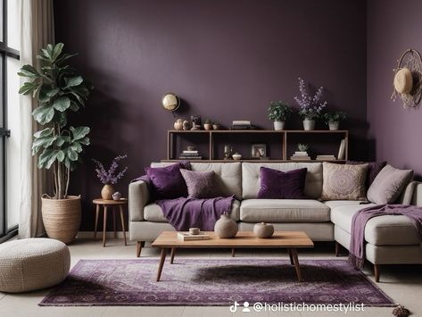 Soothing and relaxing! . . . . . . #livingroomideas #livingroominspirations #moodylivingroom #moodyinteriors #moodydecor #holistichome #holisticliving #holisticinteriordesign #boholivingroom #bohohomestyling ##bohointeriors #purplepaint #purpleaccentwall #purplepaintcolors #digitalhomedesign #aidesign Plum Lounge Living Rooms, Modern Purple Living Room, Purple Accent Wall Living Room, Mauve Living Room Ideas, Living Room Ideas Purple, Plum Interiors, Lilac Living Rooms, Plum Living Room, Purple Wall Color