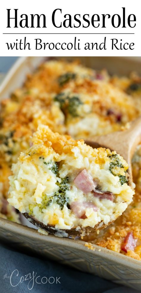 This Ham Casserole is loaded with cheesy, creamy rice and perfectly cooked broccoli. This easy make-ahead dinner can be prepared 2 days ahead or as a one pot meal! #ham #casserole #rice #broccoli #makeahead #onepot Ham And Rice Casserole, Casserole With Broccoli, Ham Dinner Recipes, Cooked Broccoli, Ham Dishes, Rice Broccoli, Broccoli And Rice, Ham Dinner, Ham Casserole