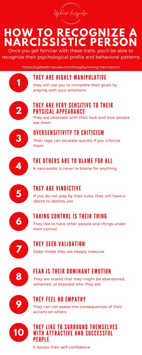 How to recognize a narcissistic person quickly? They have the same behavioral patterns, and their most important traits are listed in my infographic. Understand them easy and avoid narcissists at all cost. #infographic Narcissism Relationships, Manipulative People, Narcissistic People, Narcissistic Behavior, Personality Disorder, Psychology Facts, Toxic Relationships, Narcissism, Emotional Intelligence