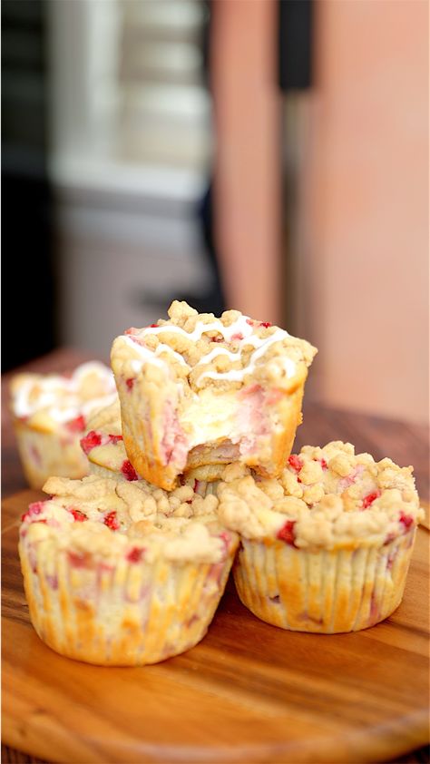 Bakery Style Strawberry Cheesecake Muffins Bakery Style Strawberry Muffins, Cheesecake Muffin, Strawberry Cheesecake Muffins, Food Polls, Strawberry Muffin, Muffin Cups Recipes, Fruit Muffins, Dream Bakery, Bakery Art