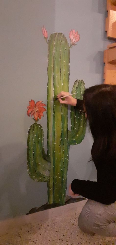 Mural Outdoor, Cactus Paintings, Bathroom Mural, Doodle Wall, Garden Mural, Cactus Painting, Bedroom Murals, Wall Murals Painted, Wall Painting Decor