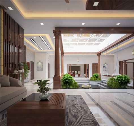 Traditional Courtyard Design, Courtyard Design Kerala, Amazing Homes Interior, Sunroof House, Interior Courtyard Design, Indian Contemporary Interiors, Modern Courtyard Design, Courtyard House Design, Kerala Style House