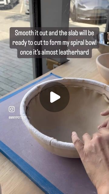 Melisa | Handbuilding ceramic artist in the SF Bay Area on Instagram: "This is how I start my spiral bowls. Before this bowl-in-bowl approach, I would try to place a flat slab straight into my slump mold and had a hard time getting it into the bowl shape without a lot of creases. With this approach, there are usually no creases and a lot less smoothing. 

Why not just use a hump mold and avoid this altogether? Because I don’t want to deal with the Goldilocks of drying a bowl on a hump mold just long enough to hold its form but not too long that it cracks (I’m a parent with a full-time job so I can’t always get to my pieces when I want to). 

And yes, I know that most people (all people?) make spiral bowls using a flat slab without a bowl. That’s a great way to make spiral bowls too—just no Pottery Projects, Pottery Inspo, Clay Bowl, Ceramic Bowl, Hard Time, Ceramic Artists, A Bowl, Hand Built, Ceramic Bowls