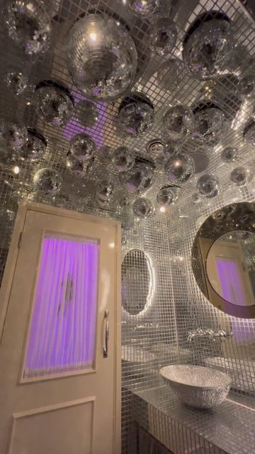 Disco Tile Backsplash, Disco Ball Restaurant, Disco Themed Bathroom, Disco Bathroom Aesthetic, Disco Balls In Room, Hedonistic Disco Interior Design, Disco Themed Room, Disco Bathroom Decor, Disco Ball Bathroom