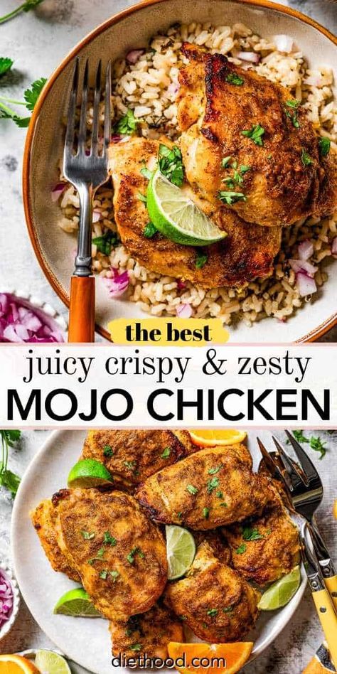 Cuban-inspired Mojo Chicken is bursting with punchy garlic and citrus flavors, baked until perfectly tender and crispy. This easy and delicious chicken dinner is perfect for any night of the week! #mojochicken #chickendinner #mojomarinade Easy Marinated Chicken, Diethood Recipes, Mojo Marinade, Mojo Chicken, Easy Chicken Dinner, Delicious Chicken Dinners, Grilled Chicken Thighs, Tasty Meat, Yummy Chicken