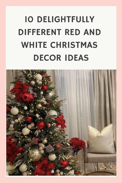 Must See Red and White Christmas Tree Decor Ideas. Find the perfect red and white decor for your home this Christmas. Red White Silver Christmas Tree Ideas, White Red Christmas Tree Ideas, Ted And White Christmas Tree Decor, Red White Gold Silver Christmas Tree, White Silver Red Christmas Tree, Elegant Red And White Christmas Tree, Red And White Poinsettia Christmas Tree, Red White And Black Christmas Tree Ideas, Silver Gold Red Christmas Tree