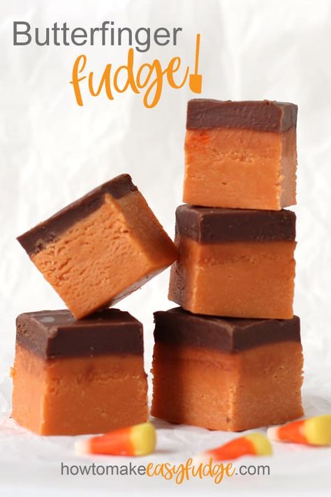 Butterfinger Fudge Recipe, Peas Porridge, Candy Corn Fudge Recipe, Fall Fudge, Butterfinger Fudge, Corn Video, Homemade Butterfingers, Candy Corn Recipe, Gourmet Fudge