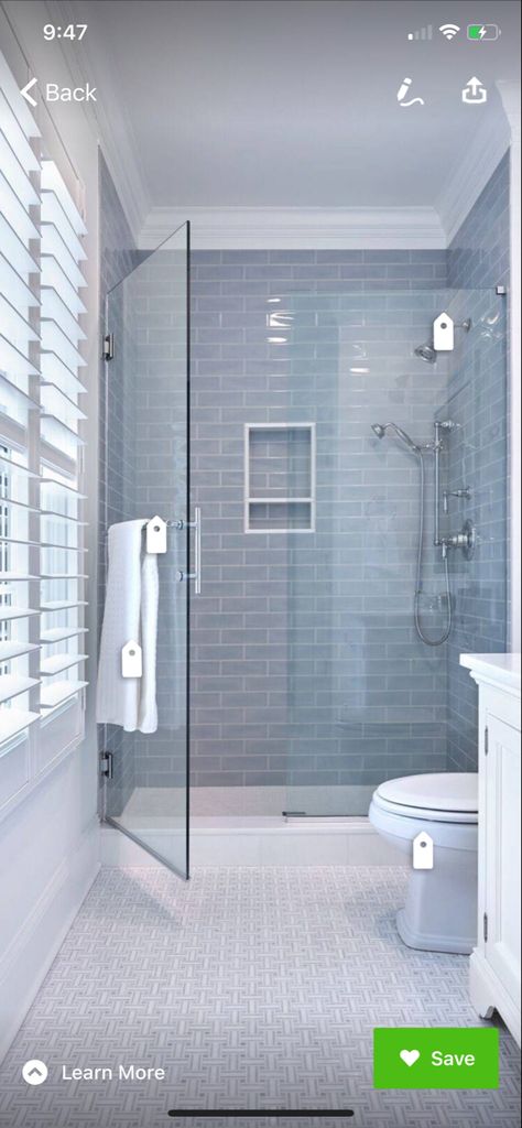 Blue Bathroom Subway Tile, Bathroom With Blue Subway Tile, Gray White Blue Bathroom, Menards Bathroom Remodel, Blue Stone Bathroom, Blue Subway Tile Shower Ideas, Gray Tile Shower Ideas, Baby Blue Bathroom Ideas, Light Blue And White Bathroom