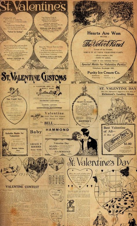 Collage sheet of vintage Valentine's Day advertisements. Perfect to use as scrap for Valentine card making. #valentinediy #cardmaking #valentinecollagesheet Vintage Valentine Images Free Printables, Printable Vintage Valentines Free, Valentines Junk Journal, Free Vintage Valentines Printables, Vintage Valentine Crafts Ideas, Valentines Collage, Journaling Pics, Valentine Ephemera, Valentine Collage