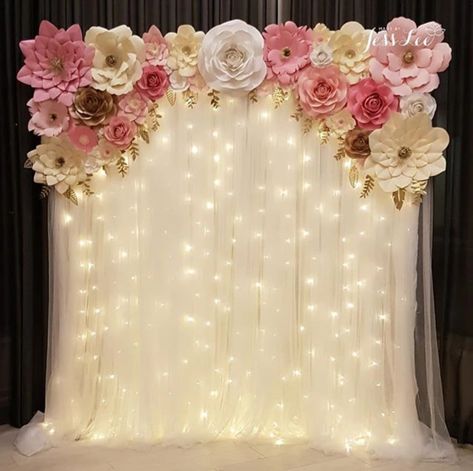 Ava (Pretty in Pink) backdrop with warm fairy lights for a whimsical bridal shower. Flower Wall Rental, Diy Birthday Backdrop, Bridal Shower Decorations Diy, Quince Decorations, Quinceanera Decorations, Pink Backdrop, Diy Birthday Party, Paper Flower Backdrop, Diy Backdrop