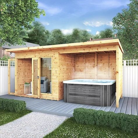 Summer House Ideas, Garden Summer House, Hot Tub Shelters, Wooden Summer House, Backyard Spa, Garden Room Extensions, Hot Tub House, Bright Interior, Hosting Friends