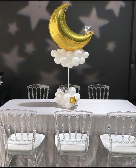 Moon Theme Decoration, Moon Dessert Table, Baby Shower Ideas Moon And Stars, We’re Over The Moon Baby Shower Theme, Baby Shower Over The Moon Theme, Moon And Clouds Baby Shower Theme, Star Themed Baby Shower Ideas, Over The Moon Table Decorations, Moon Table Centerpieces