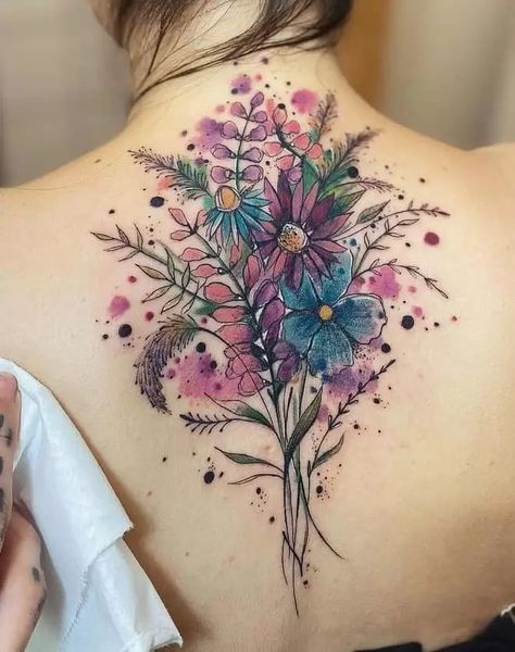 Watercolor Flower Tattoos, Flower Cover Up Tattoos, Colorful Flower Tattoo, Floral Back Tattoos, Watercolor Rose Tattoos, Flower Tattoo Ideas, Watercolor Tattoo Flower, Bouquet Tattoo, Wildflower Tattoo