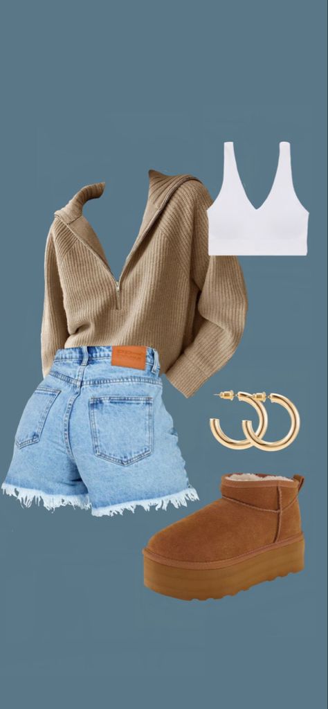 Brown Sweatshorts Outfit, Platform Ugg Boots, Platform Ugg, Warm Fall Outfits, Cute Outfits For School, Brown Shorts, Cute Fall Outfits, Warm Autumn, Brown Sweater