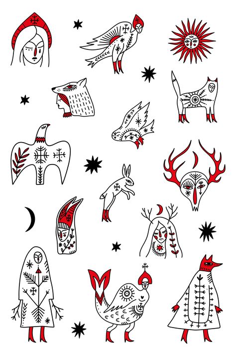 Folk Tales Bundle :: Behance Slavic Folk Art, Folk Art Tattoo, Folk Tattoo, Slavic Tattoo, Folk Illustration, Arte Folk, Lino Art, Nordic Art, Flash Art