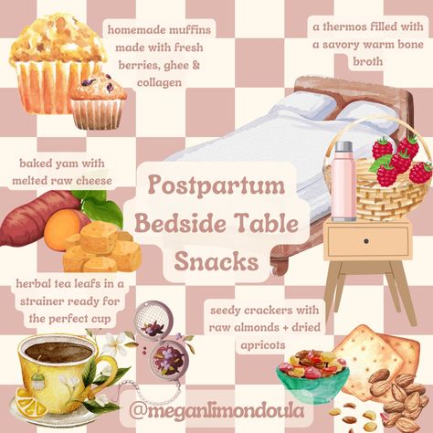 Postpartum Bedside Table Snacks Best Post Partum Snacks, What To Eat Postpartum, Postpartum Food Prep, Postpartum Bedside, Postpartum Breakfast, Postpartum Snacks, Table Snacks, Postpartum Prep, Postpartum Nutrition