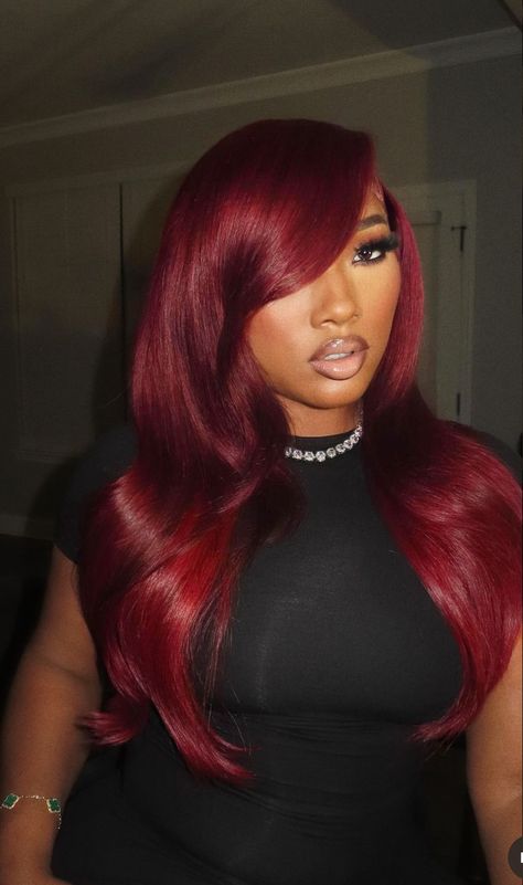 Red Eyeliner Black Women, Color Wig On Dark Skin Women, Red Layered Wig, Cherry Red Wig For Black Women, Red Tape Ins Black Women, Vibrant Burgundy Hair, Red Lacefront Wig, Makeup With Red Hair, Burgundy Wigs For Black Women