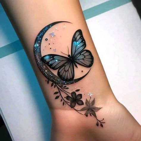 Moon And Butterfly Tattoo, Stomach Tats For Women, Flower With Butterfly Tattoo, Wrist Cover Up Tattoos, Butterfly Tattoo Ideas For Women, Cool Wrist Tattoos, Hand And Finger Tattoos, Pretty Hand Tattoos, Butterfly Tattoos For Women