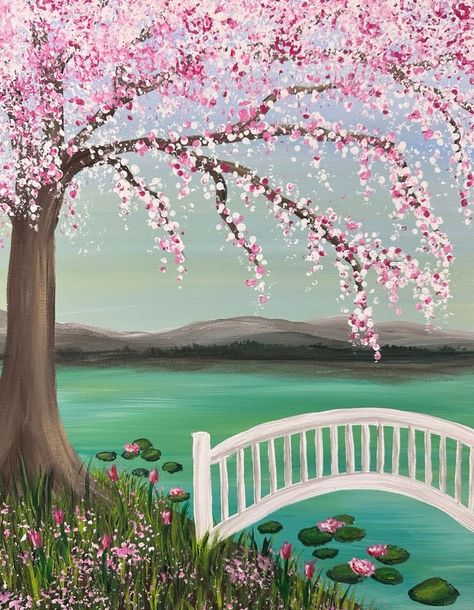 Simple Painting Ideas Tutorials, How To Draw A Blossom Tree, Cherry Blossom Scenery Painting, Painting Ideas Blossom Tree, Painting Of Trees Easy, Pink Blossom Tree Painting, Cherry Tree Painting Easy, Canvas Painting Ideas Trees, Pink Cherry Blossom Painting