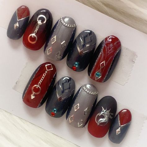 Neuvillette Nails, Genshin Nails Design, Genshin Impact Nails, Genshin Nails, Game Nails, Wriothesley Genshin, Genshin Aesthetic, Aesthetic Nail, Mens Nails