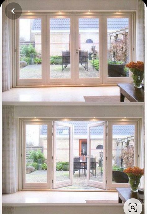 Adding French Doors To Exterior Wall, Accordion Doors To Backyard, Multi Slide Doors, Accordion Back Doors, Barndominium Door Ideas, French Door In Bedroom To Outside, French Door Dining Room Patio, Patio Doors Dining Room, Sunroom With Accordion Doors