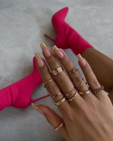 Nails With Gold Accents, Gold Tip Nails, Rave Nails, Gold Accent Nail, Ballerina Nails Designs, Nails With Gold, Gold Acrylic Nails, Tapered Square Nails, Nails Gold