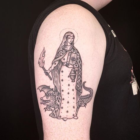 Saint Martha for @intheagainst , thank you! . . @ashandivorytattoo St Martha The Dominator, St Lucy Tattoo, St Martha, Saint Tattoo, Saint Martha, Saint Agatha, Saint Lucy, Medusa Tattoo, Folk Design