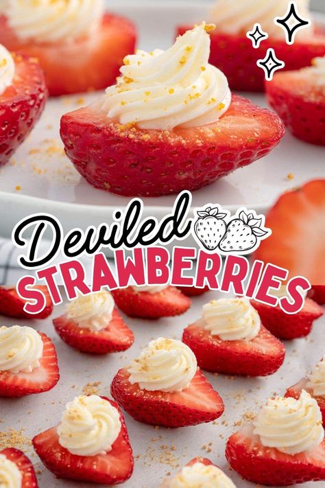 Cheesecake Deviled Strawberries are an easy, no-bake treat! Fresh strawberries filled with creamy cheesecake and topped with graham cracker crumbs. Perfect for parties and quick to disappear! #CheesecakeBites #PartyDesserts #NoBakeTreats Devils Strawberries, Strawberry Shortcake Ideas For Party, Cheesecake Deviled Strawberry Platter, Devil Strawberries, Deviled Strawberry Cheesecake, Cheesecake Deviled Strawberries, No Bake Appetizers, Deviled Strawberries, Cheesecake Filled Strawberries