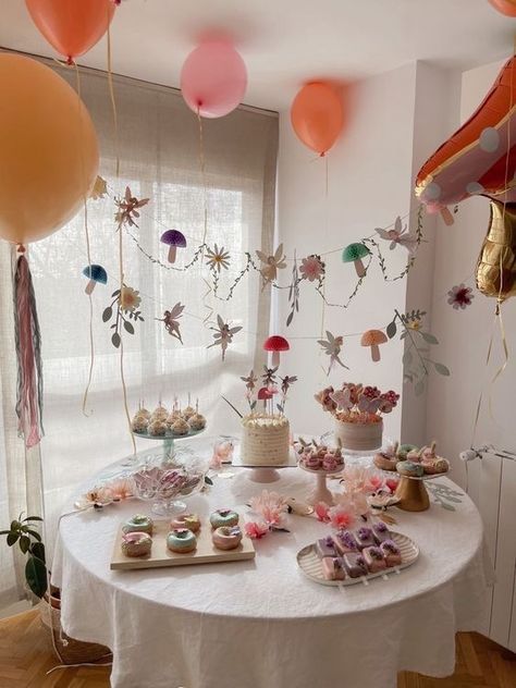 Coed Fairy Birthday Party, Fairy Dress Up Party, Diy Fairy Birthday Party, Fairy Garden 2nd Birthday, Fairy Theme Food Ideas, Fairy Birthday Dessert Table, Inside Party Ideas, Fairy Treat Table, Fairy First Birthday Table Decor