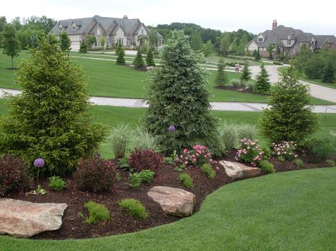 Sweet! This berm features evergreen screening, boulder accents, and pops of color achieved with blooms and foliage. Evergreen Landscape, Privacy Landscaping, Front Landscaping, Beautiful Yards, Home Landscaping, Front Yard Garden, Landscaping Tips, House Landscape, Front Yard Landscaping Design