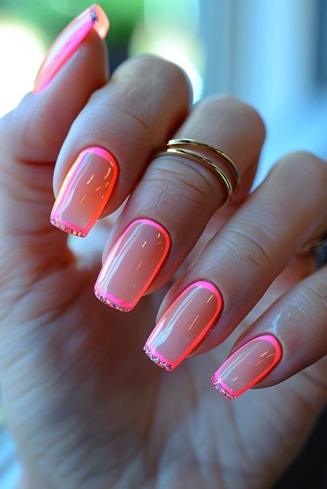 Trendy Summer Nails French Tip, Neon Nails Designs Summer 2024, Neon Pink French Tips, Neon Colored Nails, Different French Manicure Ideas, Fun Neon Nails, French Nails With A Twist, Neon French Tip Nails, Neon French Nails