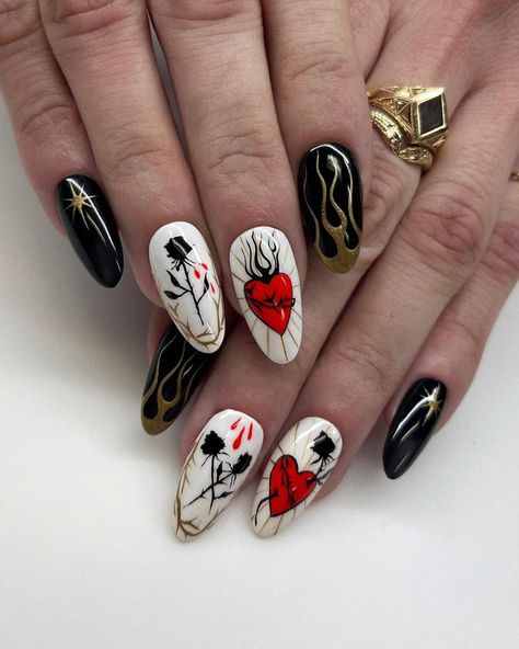 Serving the Nail Ritual special as always ❤️💁🏻‍♀️ these took about 2 hours including a quick gel polish removal Thank you… | Instagram Gothic Valentines Nails, Sacred Heart Nails, Short Acrylic Almond, Vamp Nails, Cosmo Nails, Gel Polish Removal, Halloween Nails Ideas, Painted Doll, Sharp Claws