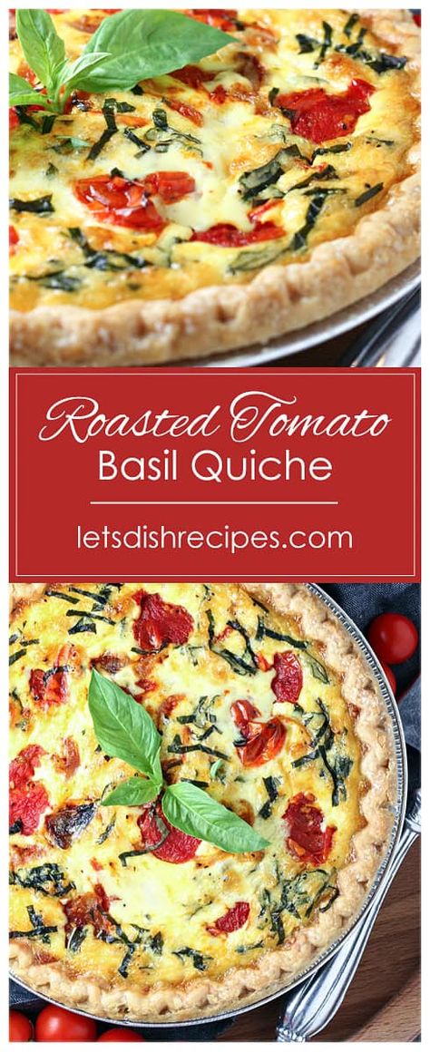 Roasted Tomato Basil Quiche Recipe -- Whether you serve it for breakfast, lunch or dinner, this beautiful, delicious quiche is loaded with summer vegetables and cheese. Vegetable Quiche Recipes Easy, Quiche Vegetable, Tomato Basil Quiche, Best Quiche Recipe Ever, Basil Quiche, Pie Savory, Vegetable Quiche Recipes, Vegetarian Quiche Recipes, Vegetarian Entree