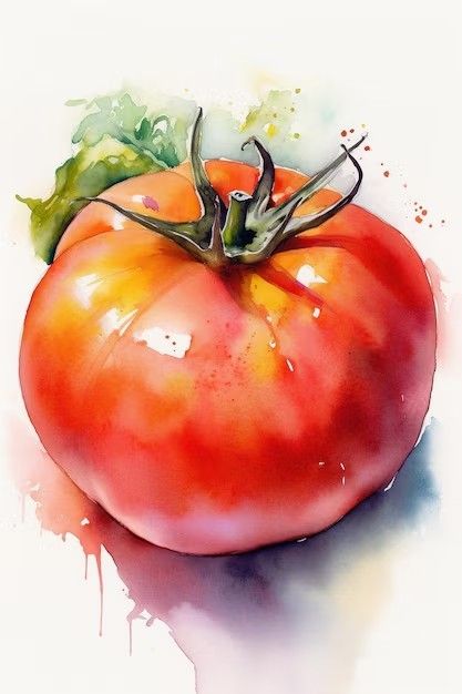 Two Vegetables Drawing, Healthy Food Painting, Paintings Of Vegetables, Food Art Painting Watercolour, Watercolour Tomato, Watercolor Paintings Fruit, Photography To Paint, Veggie Watercolor, Tomato Images