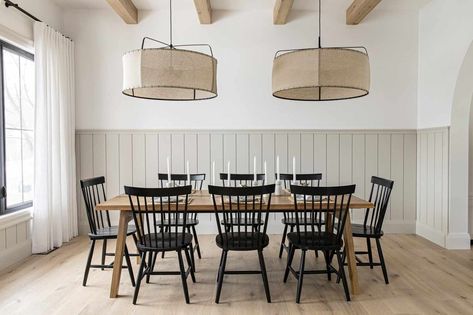 32 Modern Farmhouse Dining Rooms That Are Rustic, Inviting, and Warm Half Wall Ideas, Painted Wainscoting, Wooden Beam, Dining Room Wainscoting, White Wainscoting, Modern Farmhouse Dining Room, Shiplap Accent Wall, Modern Farmhouse Dining, Wainscoting Panels