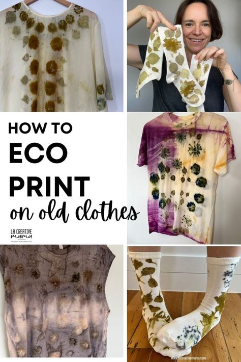 How to upcycle old clothes with eco printing - La creative mama Echo Printing On Fabric, Natural Printing On Fabric, Eco Printing Clothes, Botanical Printing On Fabric, Eco Printing Fabric, Diy Silk Scarf, Upcycle Old Clothes, Eucalyptus Dye, Eco Printing Textiles