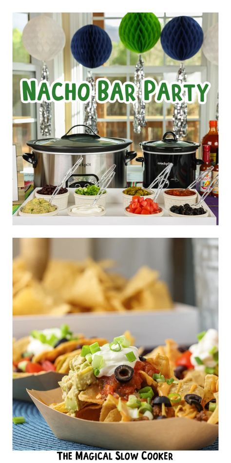 Make a Nacho Bar with crockpots! Such a fun way to feed a crowd. Great for birthdays, graduations or superbowl. - The Magical Slow Cooker Potluck Bars Ideas, Superbowl Snacks Crockpot, Super Bowl Party For Seniors, Nachos Board Ideas, Make Your Own Nachos Bar, Cheap Way To Feed A Crowd, Nacho Bar Toppings List, Staff Food Bar Ideas, Side Dishes For Nacho Bar