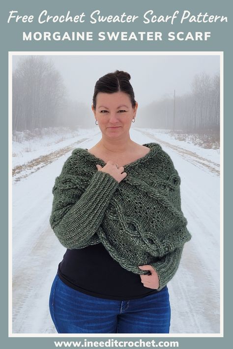 There’s something magical about a crochet sweater scarf with sleeves. You take a long, wide scarf, add a sleeve to each end, and poof! It turns into something different. Click the pin to view the free crochet pattern. #freecrochetpattern #freecrochetsweaterscarfpattern #crochetsweaterscarf #crochetscarfwithsleeves Crochet Sweater Scarf, Scarf With Sleeves, Crochet A Sweater, Free Crochet Sweater, Crochet Garments, Crochet Pattern Instructions, Gilet Crochet, Crochet Shrug Pattern, Shrug Pattern